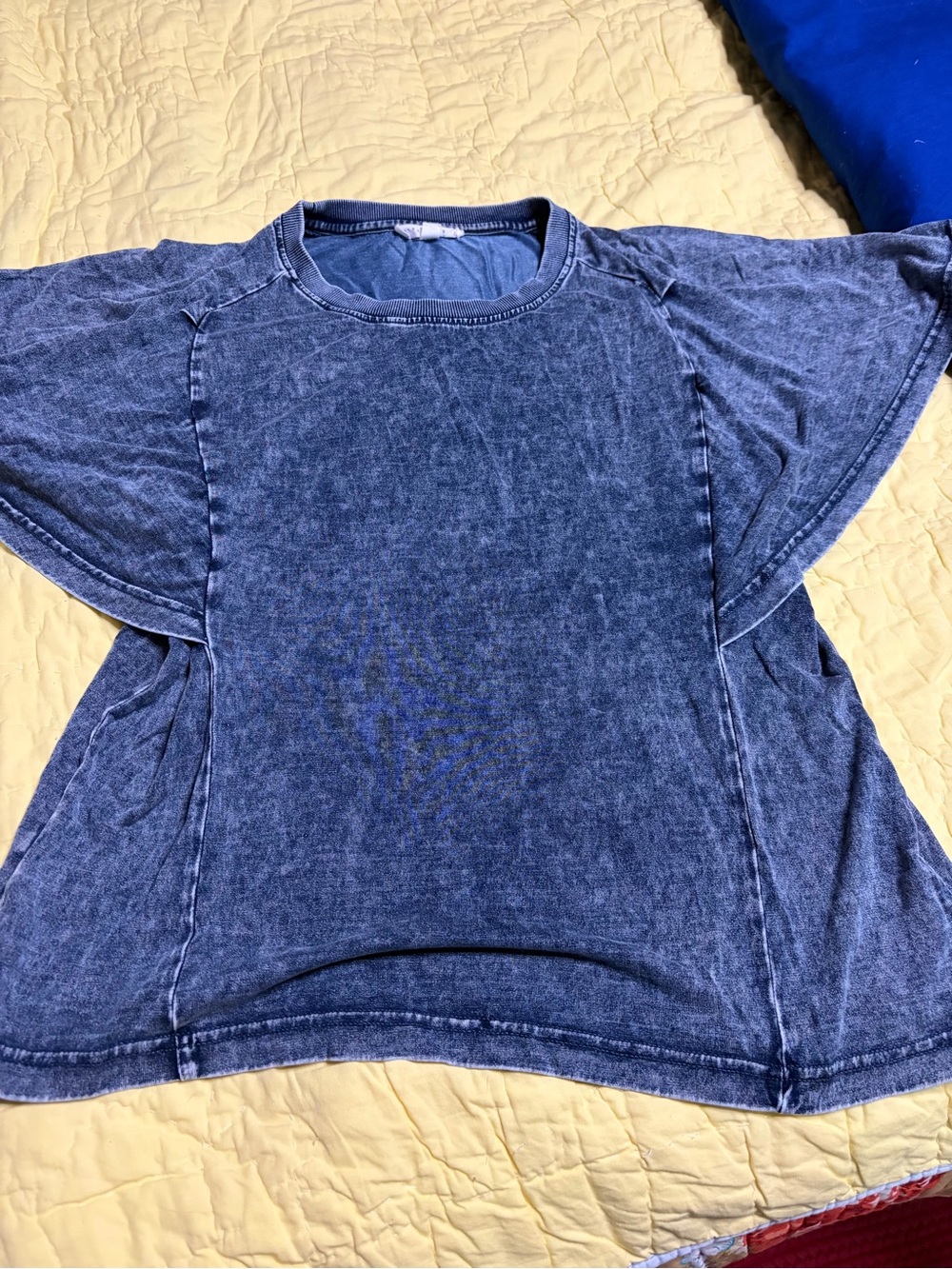 Ladies Blue Washed Short Sleeve Top with wings over sleeveless bodice